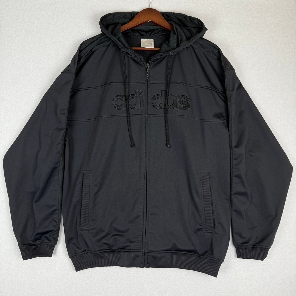 Vintage Adidas Track‎ Jacket Mens Large Black Full Zip Hooded Embroidered Y2K